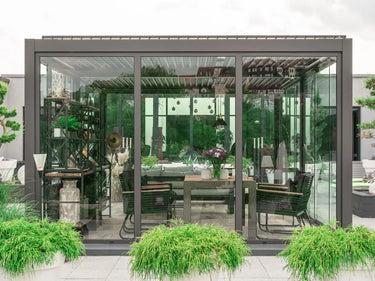 Foto de una pérgola con cierre de cristal con panel fijo