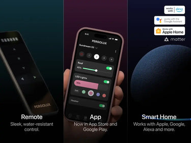Imagen dividida en 3 marcos, en el primero vemos el control remoto PERGOLUX, en el segundo marco vemos un celular con la App de PERGOLUX y en el tercer marco vemos los logos de Alexa, Google Assistant, Apple Home y Matter