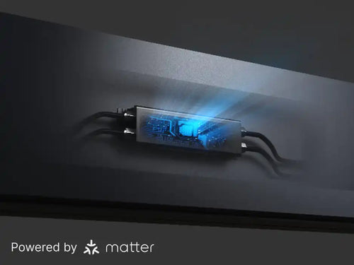 Render 3D del controlador interno de pérgolas PERGOLUX, indicando que funciona con la tecnología MATTER