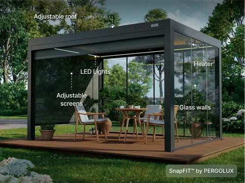 Render 3D de una pérgola PERGOLUX que muestra las distintas tecnologías y accesorios disponibles
