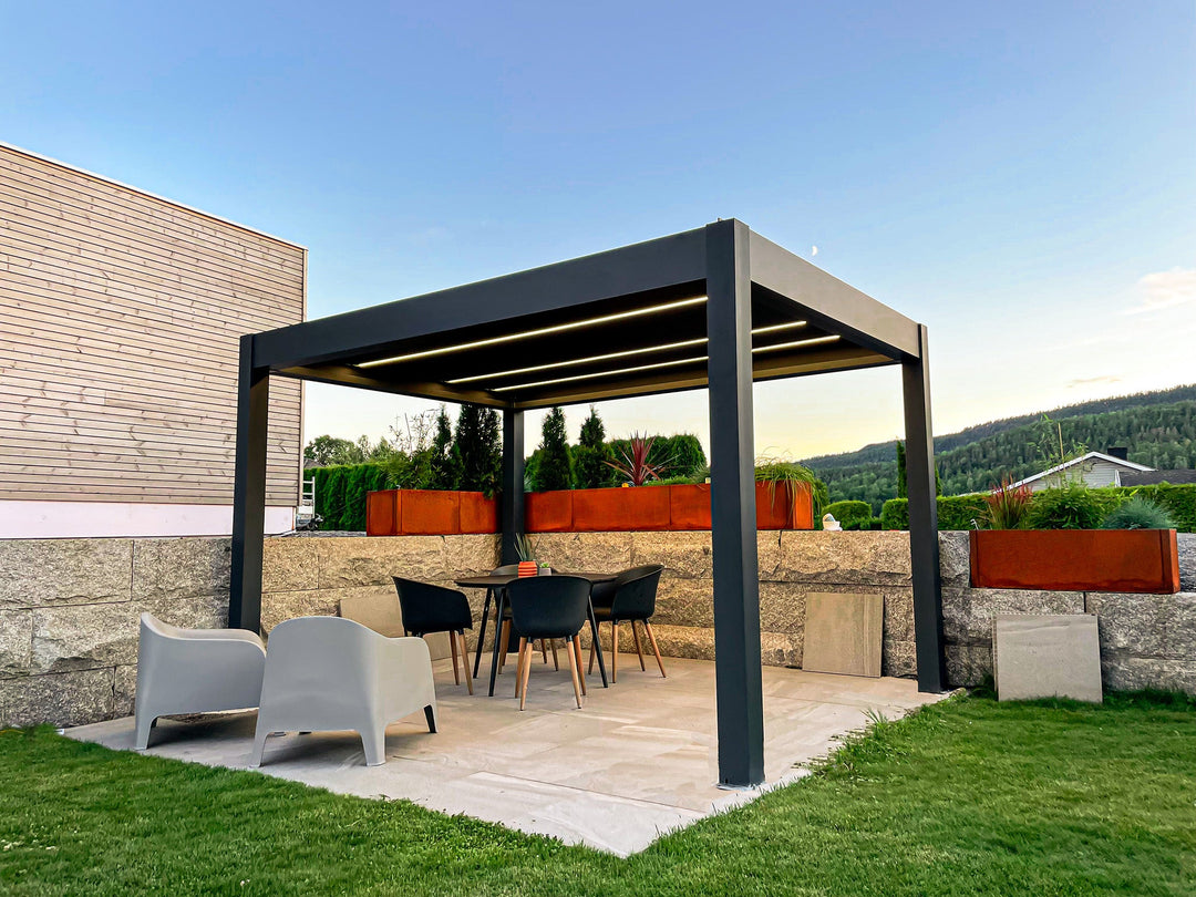 pergola-bioclimatica-pergolux-auto-soportante-skydance-s2-gris-antracita-iluminada